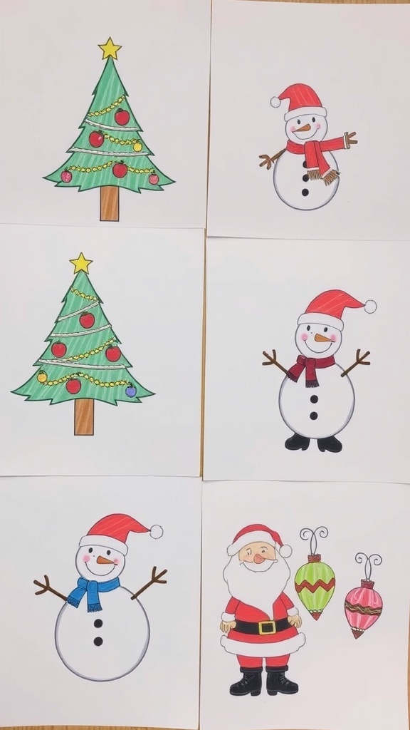 A variety of easy Christmas drawings featuring a tree, snowman, Santa, and ornaments.